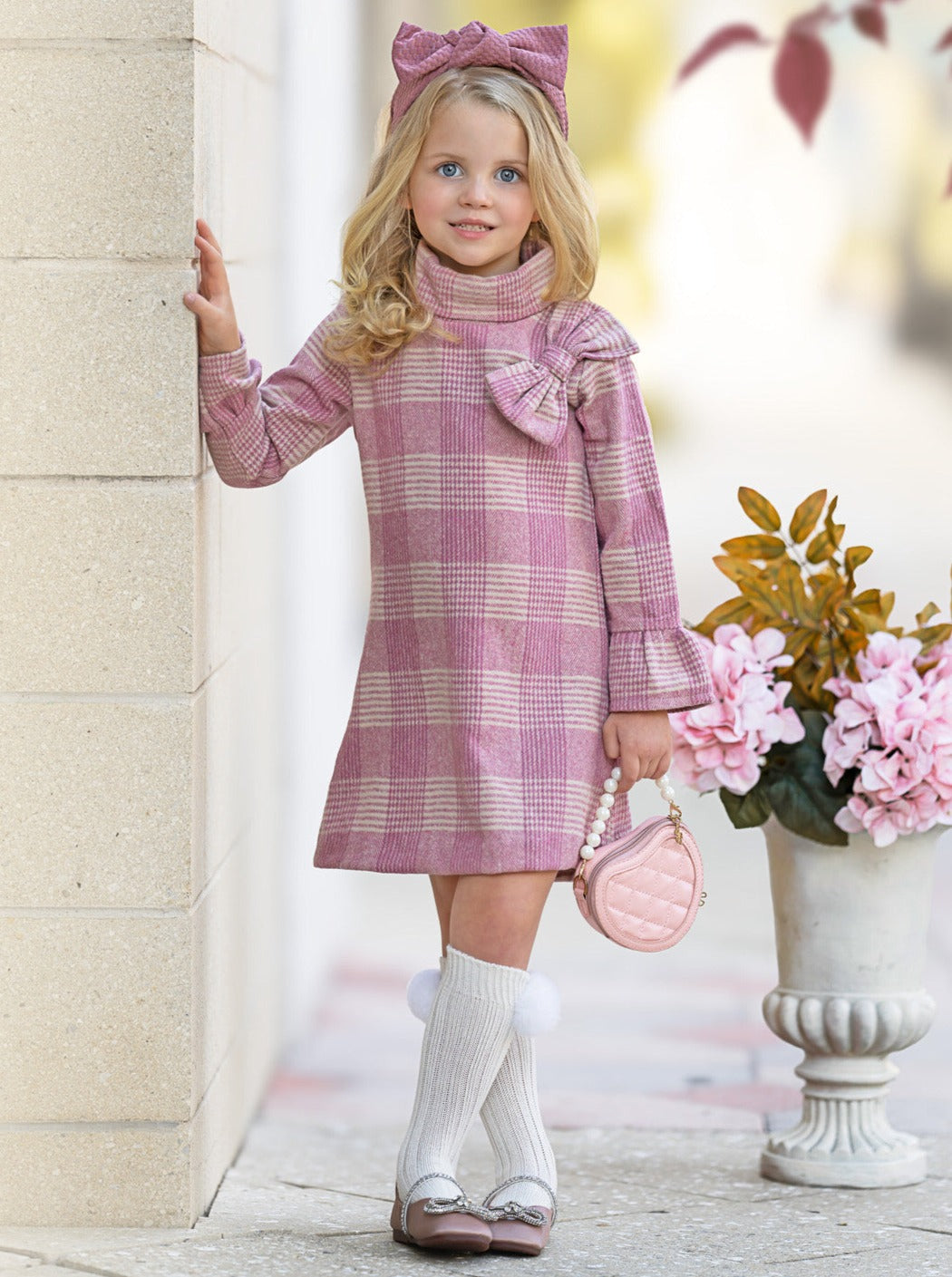 Pretty Pink Tartan Plaid Long Sleeve Shift Dress