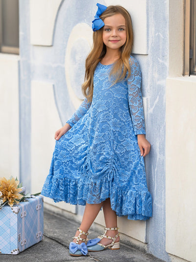 Blue Hi-Lo Drawstring Lace Ruffle Dress