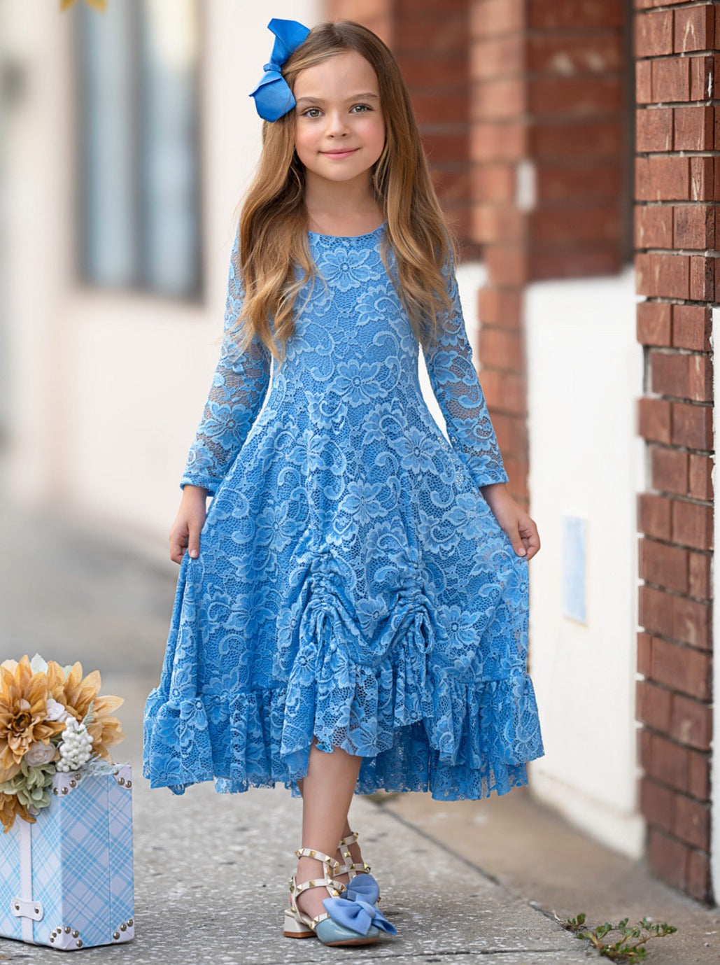 Blue Hi-Lo Drawstring Lace Ruffle Dress