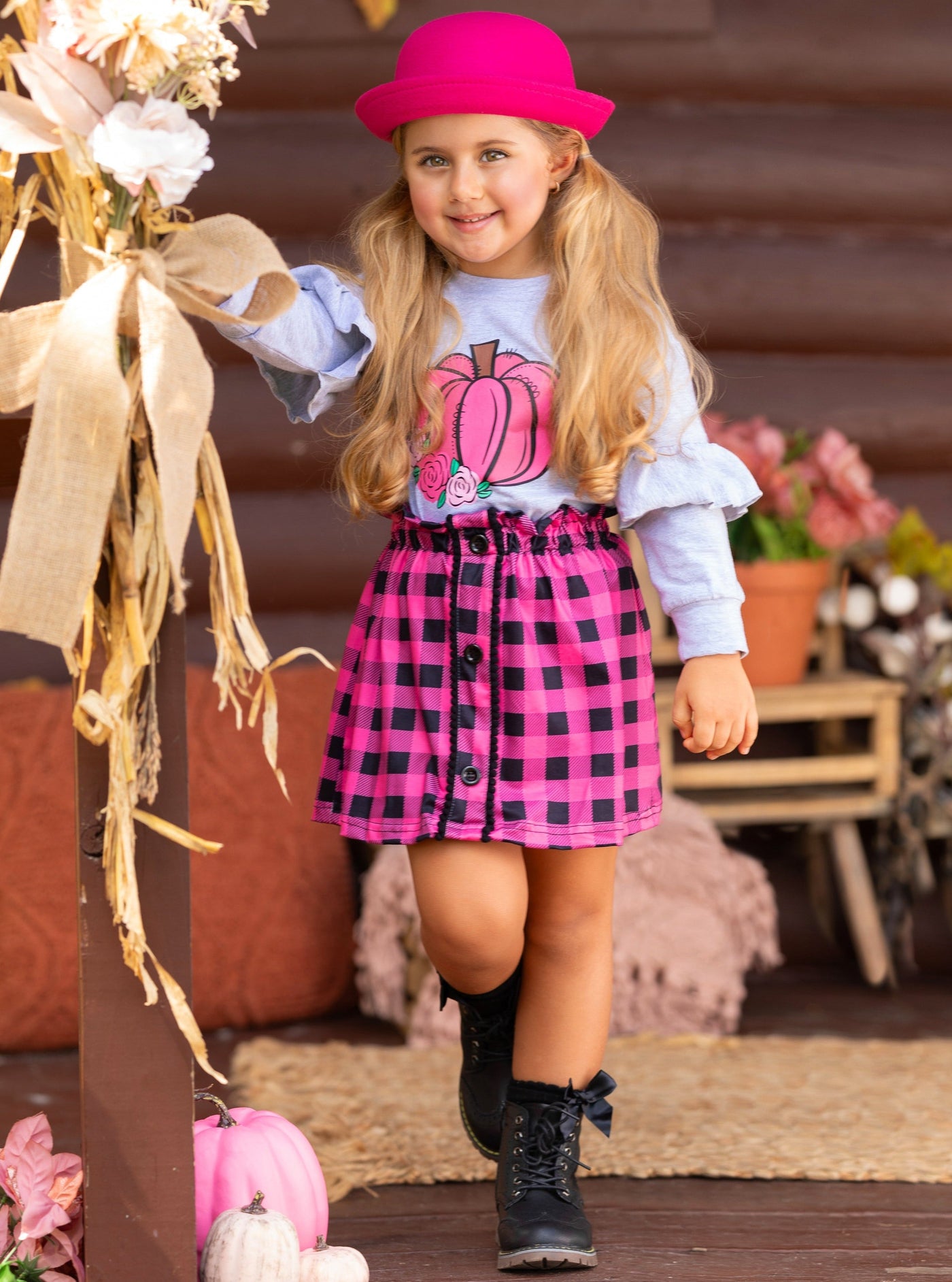 Pumpkin Preppy Ruffle Top and Plaid Skirt Set