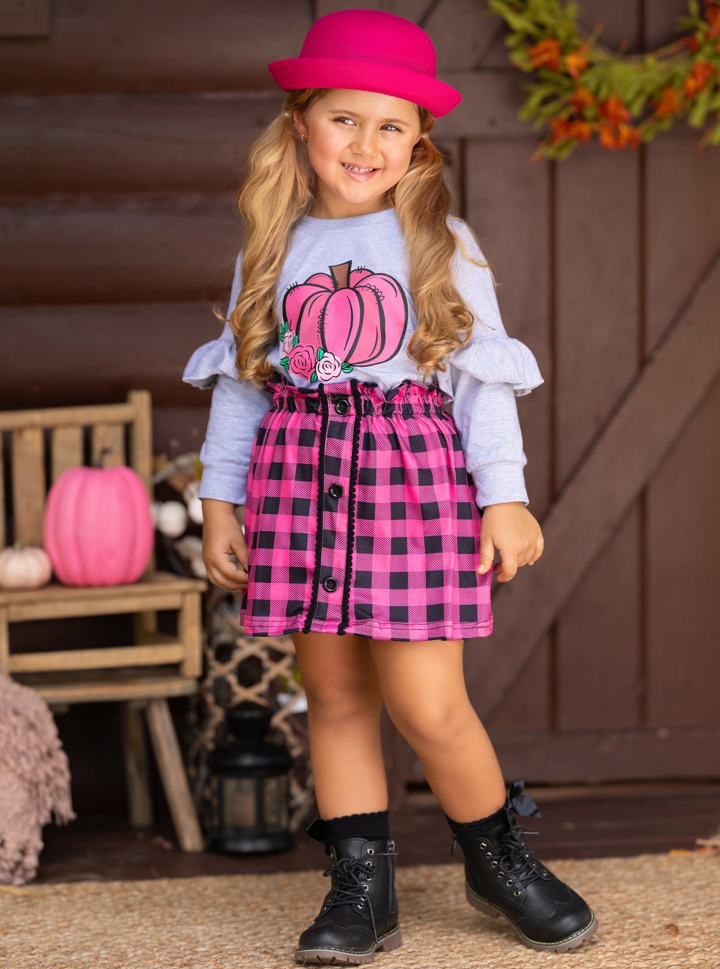 Pumpkin Preppy Ruffle Top and Plaid Skirt Set