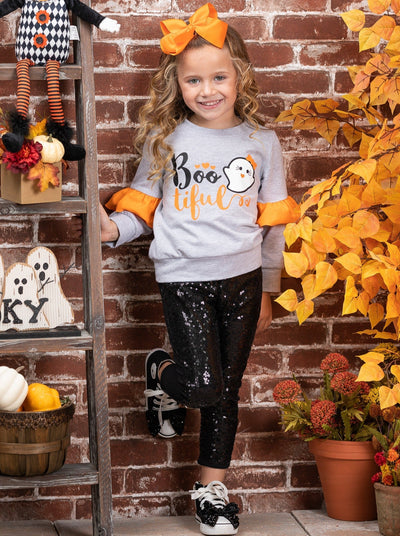 Boo-tiful Ruffle Sleeve Sweater and Sequin Legging Set