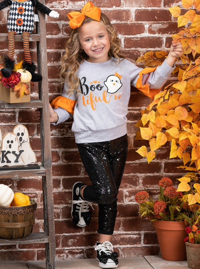 Boo-tiful Ruffle Sleeve Sweater and Sequin Legging Set