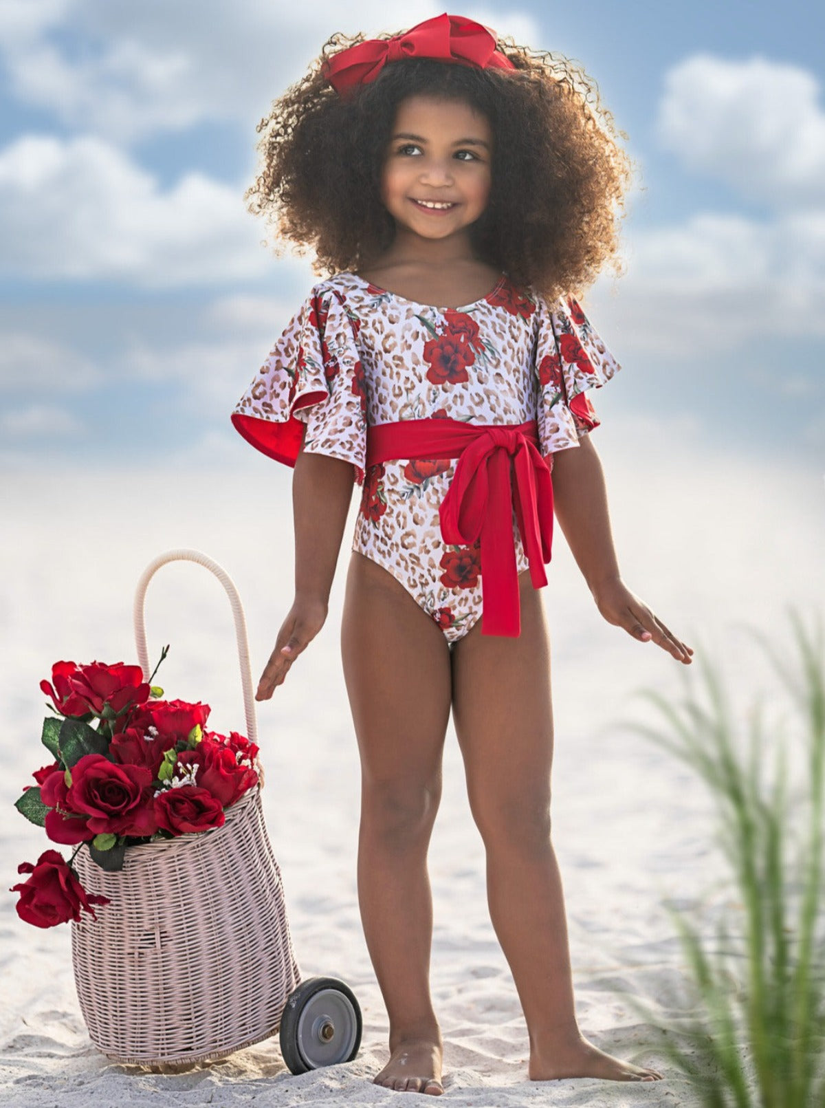 Spots and Petals Flare Sleeve One Piece Swimsuit