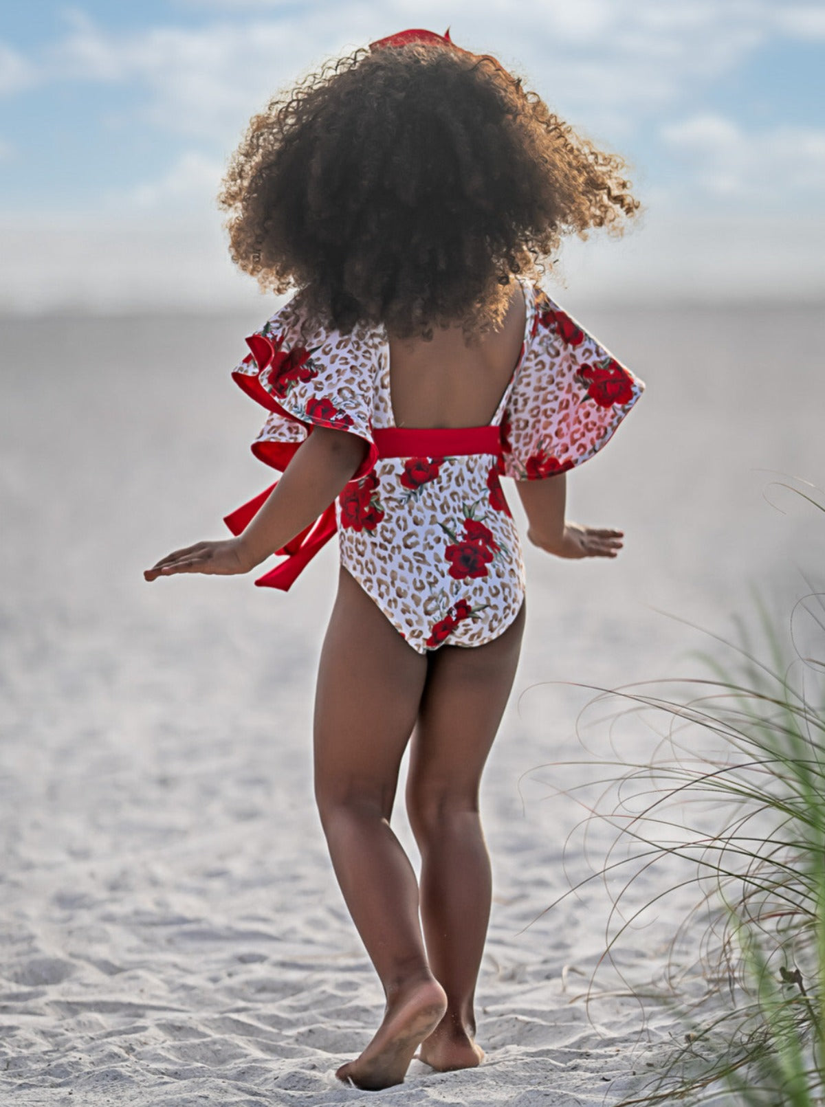 Spots and Petals Flare Sleeve One Piece Swimsuit