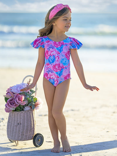 Pastel Petals Flutter Sleeve One Piece Swimsuit