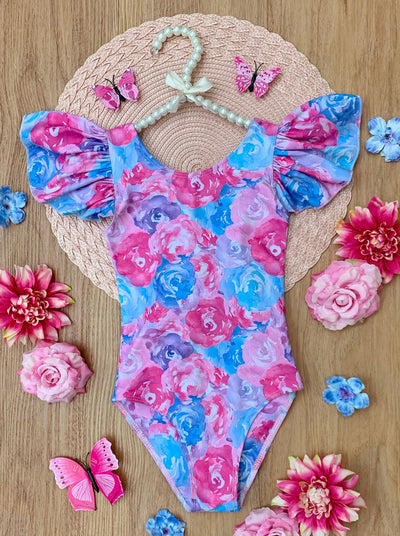 Pastel Petals Flutter Sleeve One Piece Swimsuit