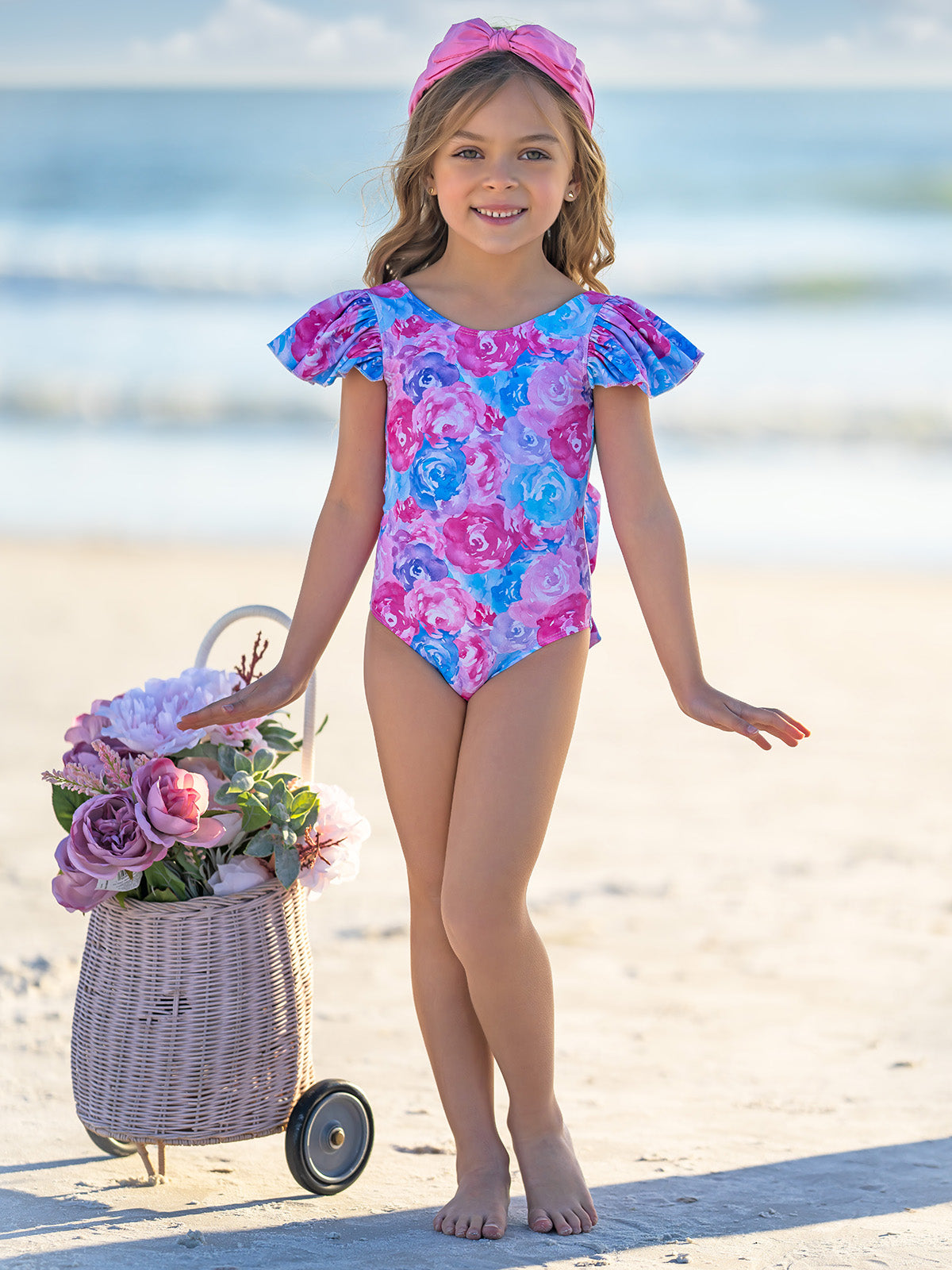 Pastel Petals Flutter Sleeve One Piece Swimsuit