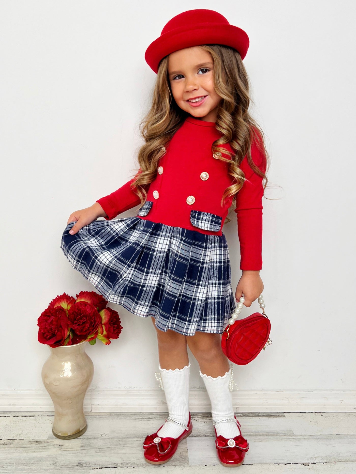 Festive Flair Long Sleeve Plaid Pleated Dress