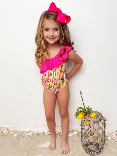 Squeeze The Day Lemon Print Striped Swimsuit Set