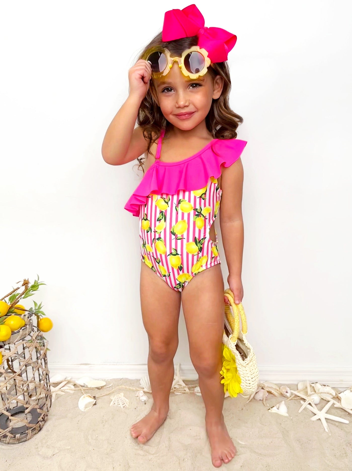 Squeeze The Day Lemon Print Striped Swimsuit Set