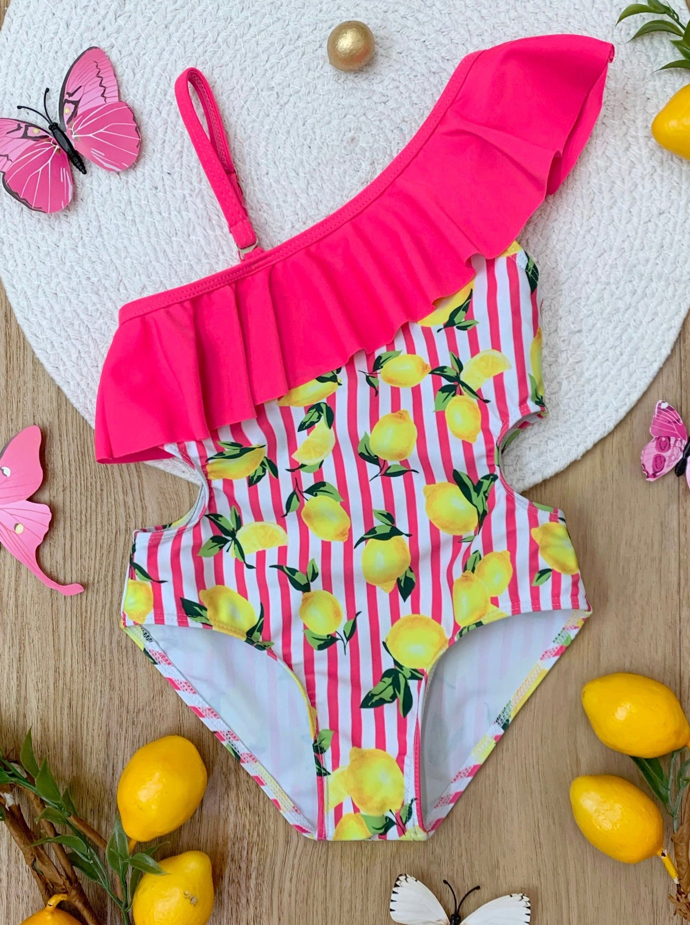 Squeeze The Day Lemon Print Striped Swimsuit Set