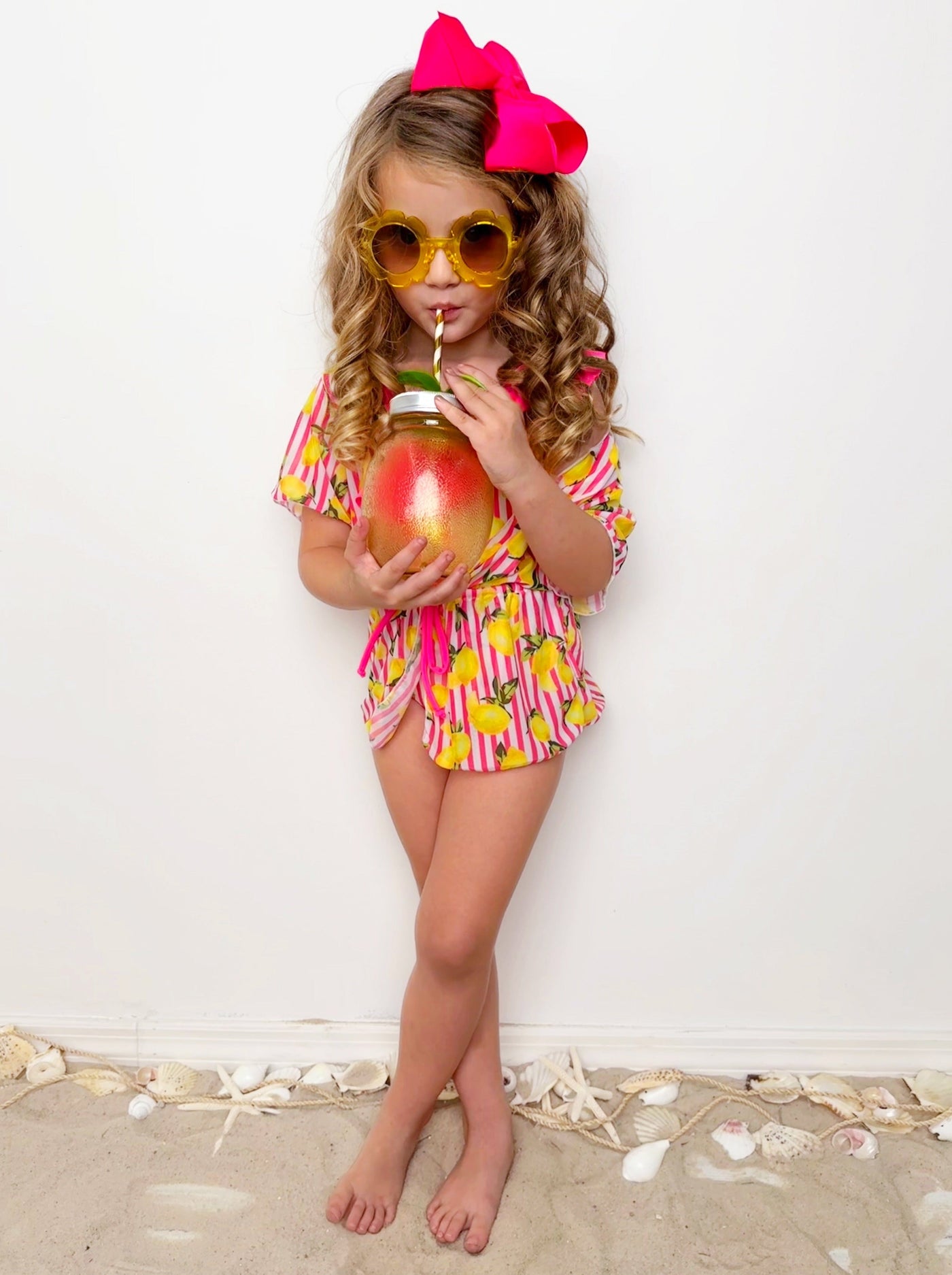 Squeeze The Day Lemon Print Striped Swimsuit Set