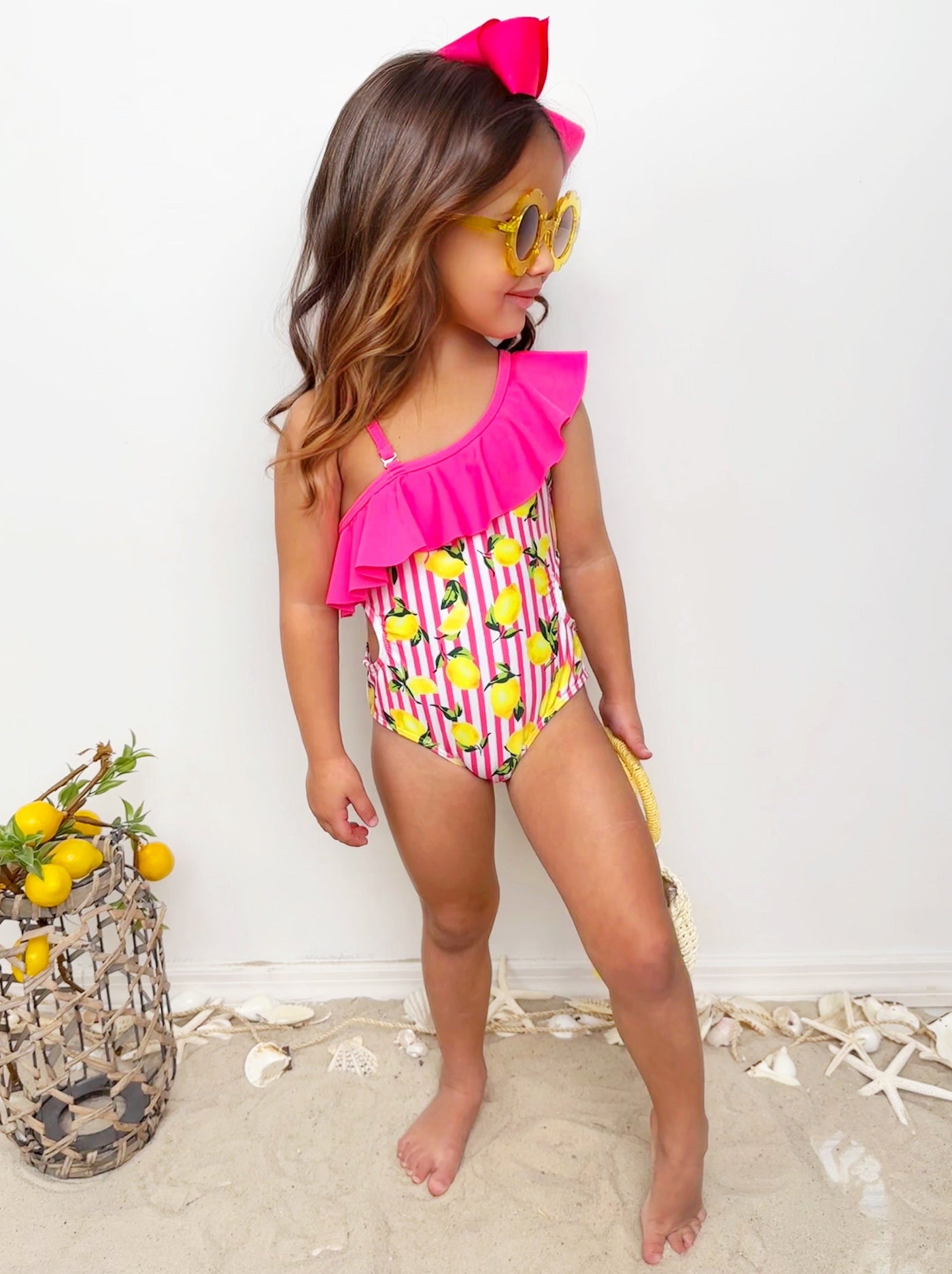 Squeeze The Day Lemon Print Striped Swimsuit Set