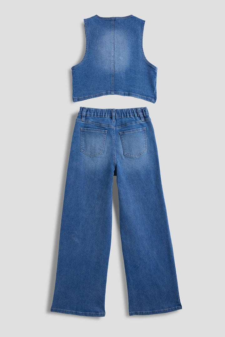 Girls Cece Denim Vest &amp; Wide Leg Jeans Set