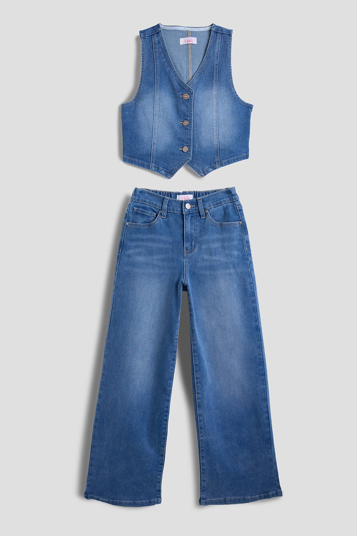 Girls Cece Denim Vest &amp; Wide Leg Jeans Set