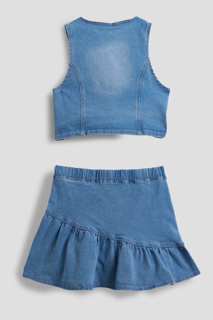 Girls Denim Vest & Ruffle Skirt Set