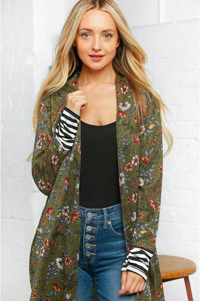 Emerald Floral Stripe Cardigan with Thumbholes - Sybaritic Bags & Clothing