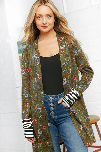 Emerald Floral Stripe Cardigan with Thumbholes - Sybaritic Bags & Clothing