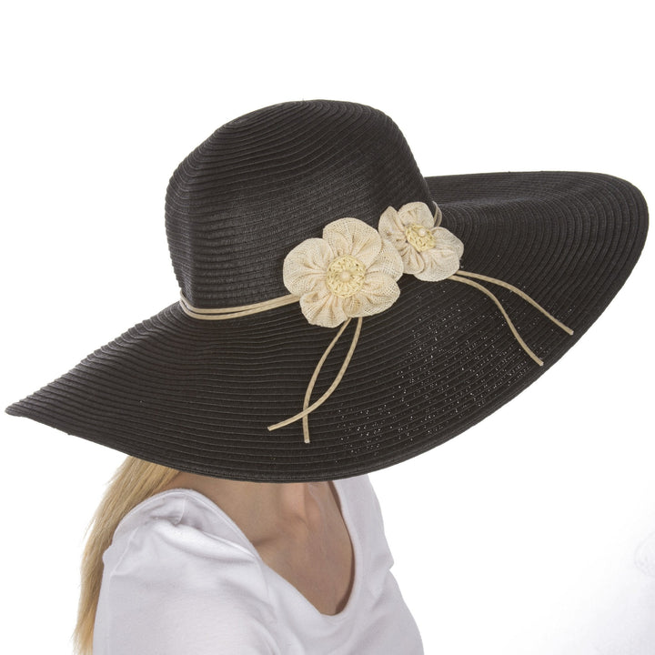 Sakkas Bella UPF 50+ 100% Paper Straw Flower Accent Wide Brim Floppy Hat
