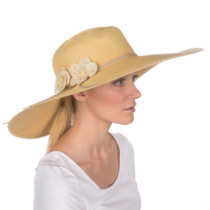 Sakkas Bella UPF 50+ 100% Paper Straw Flower Accent Wide Brim Floppy Hat