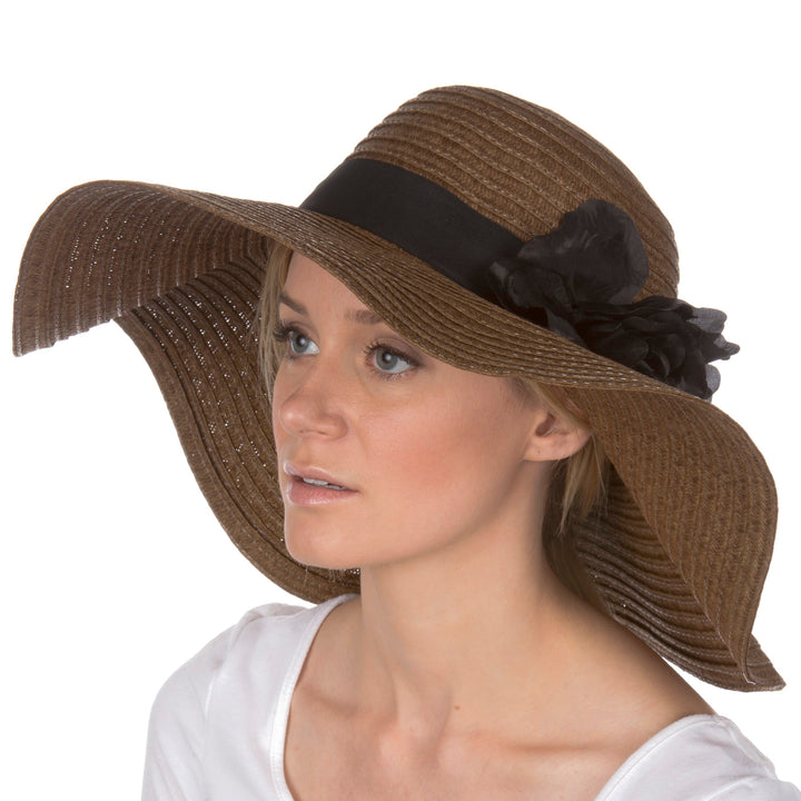 Sakkas Daisy UPF 50+ 100% Paper Straw Flower Accent Wide Brim Floppy Hat