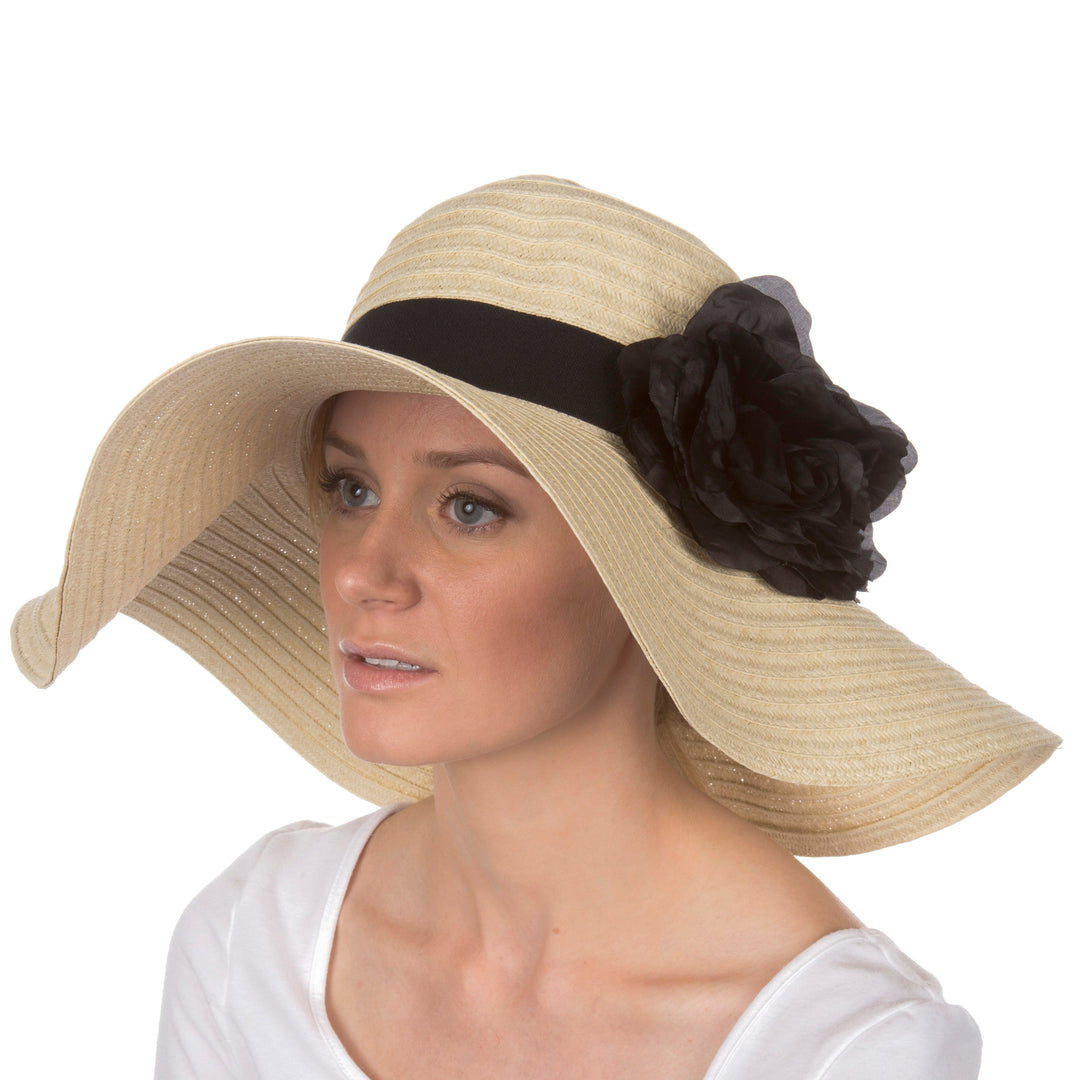 Sakkas Daisy UPF 50+ 100% Paper Straw Flower Accent Wide Brim Floppy Hat
