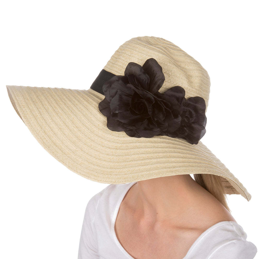 Sakkas Daisy UPF 50+ 100% Paper Straw Flower Accent Wide Brim Floppy Hat