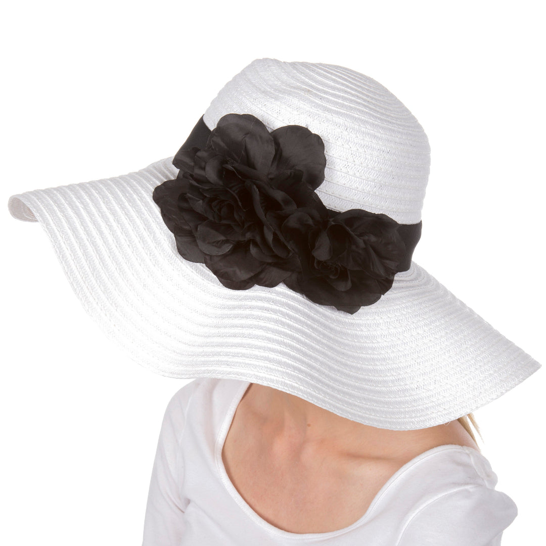 Sakkas Daisy UPF 50+ 100% Paper Straw Flower Accent Wide Brim Floppy Hat