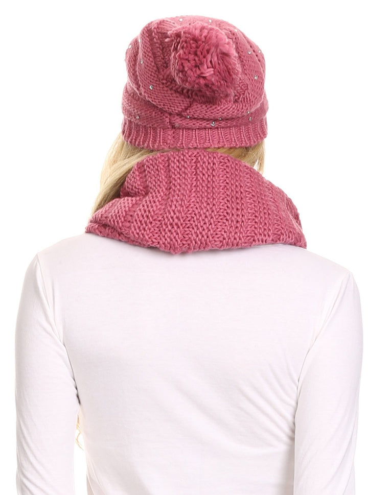 Sakkas Sayla Rhinestone Jewel Soft Warm Woven Cable Knit Beanie Hat And Scarf Set
