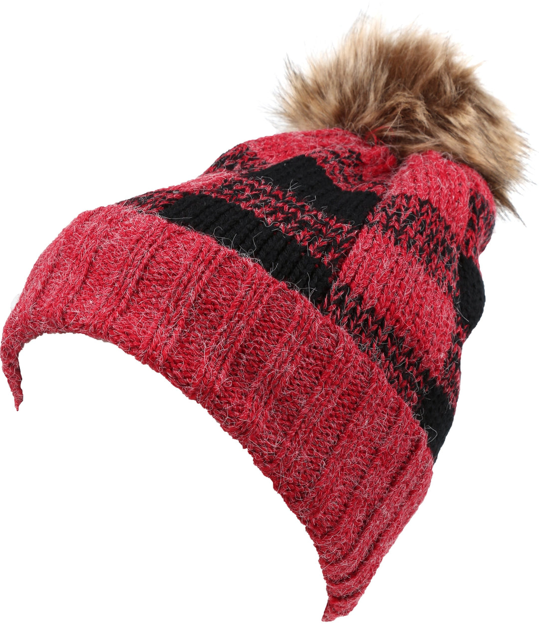 Sakkas Baya Long Tall Checker Pattern Fold Over Faux Fur Pom Pom Unisex Beanie Hat