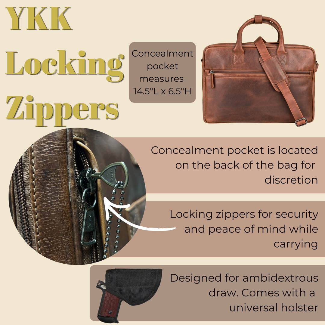 Concealed Carry Hayden Leather Computer Briefcase with RFID Organizer by Lady Conceal — Large CCW Bag Preferred by Men, Fits Laptops &amp; Full-Size Handguns