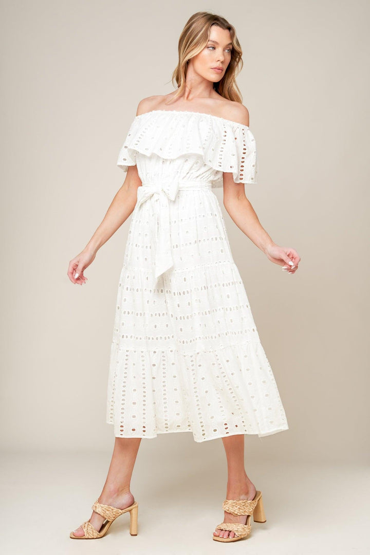 CATCHING MY BREATH EYELET MIDI DRESS