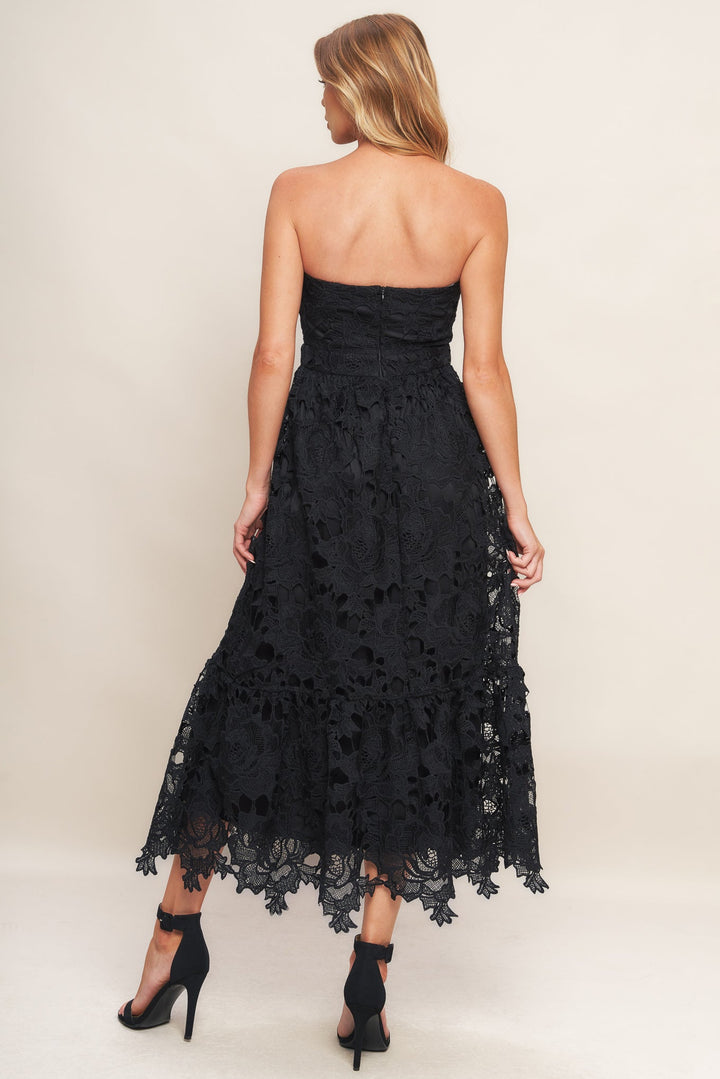 CAREFREE NIGHTS BLACK LACE MIDI DRESS