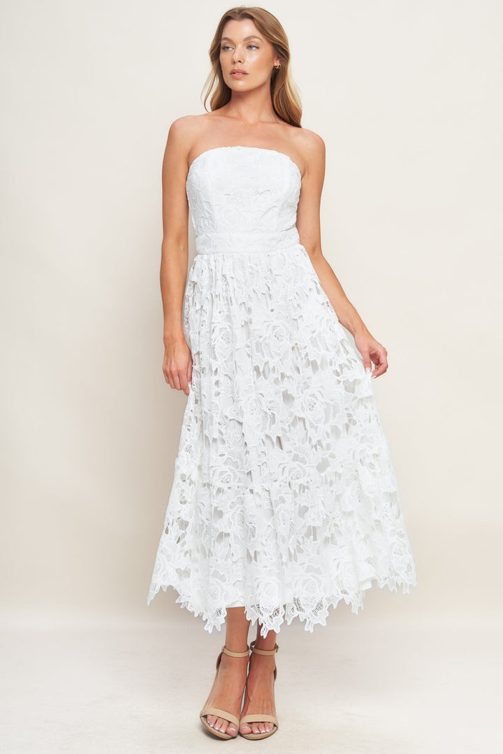 CAREFREE NIGHTS LACE OFF WHITE MIDI DRESS