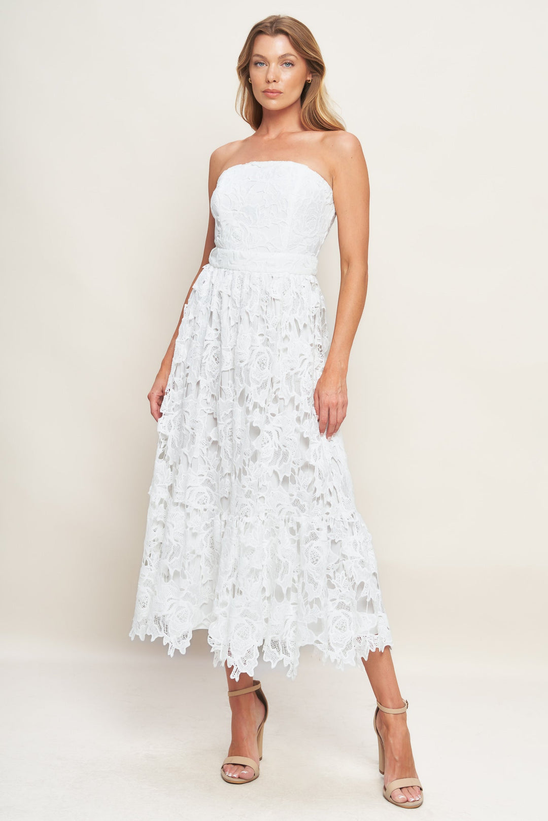 CAREFREE NIGHTS LACE OFF WHITE MIDI DRESS