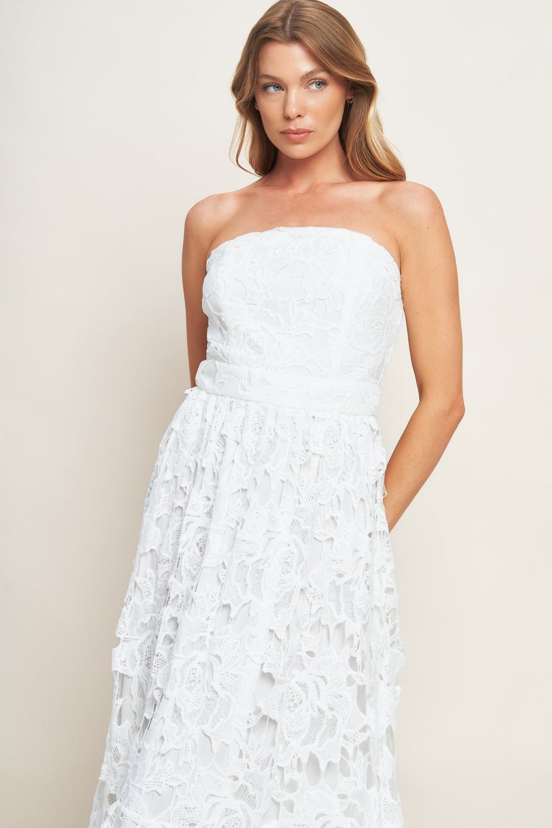CAREFREE NIGHTS LACE OFF WHITE MIDI DRESS