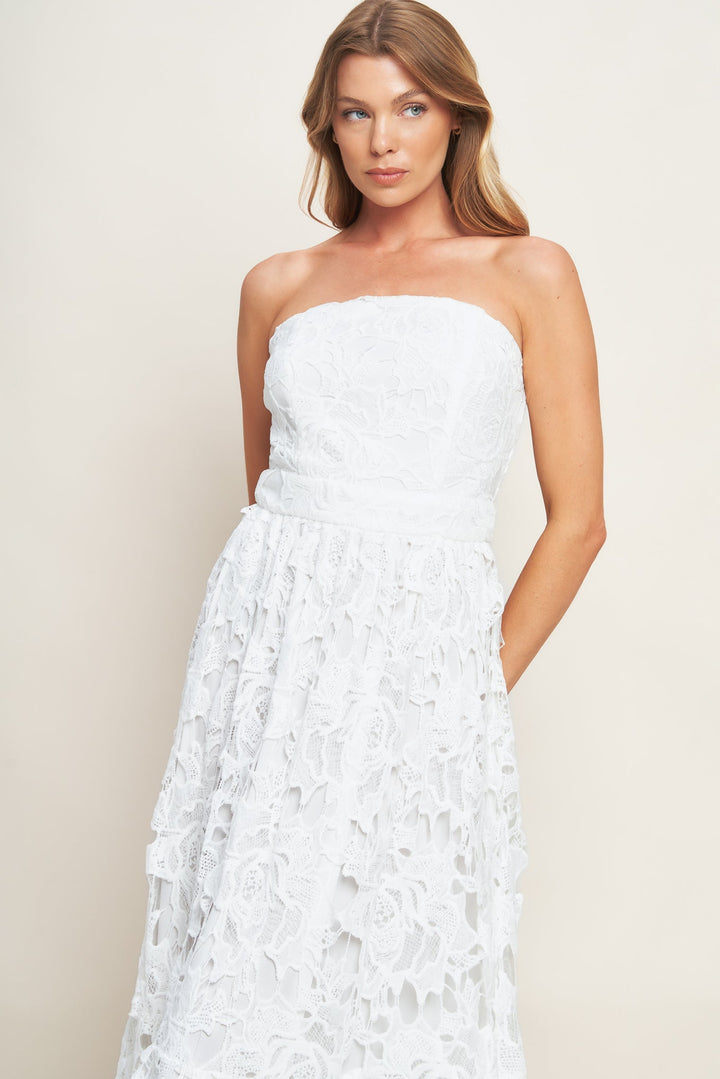 CAREFREE NIGHTS LACE OFF WHITE MIDI DRESS