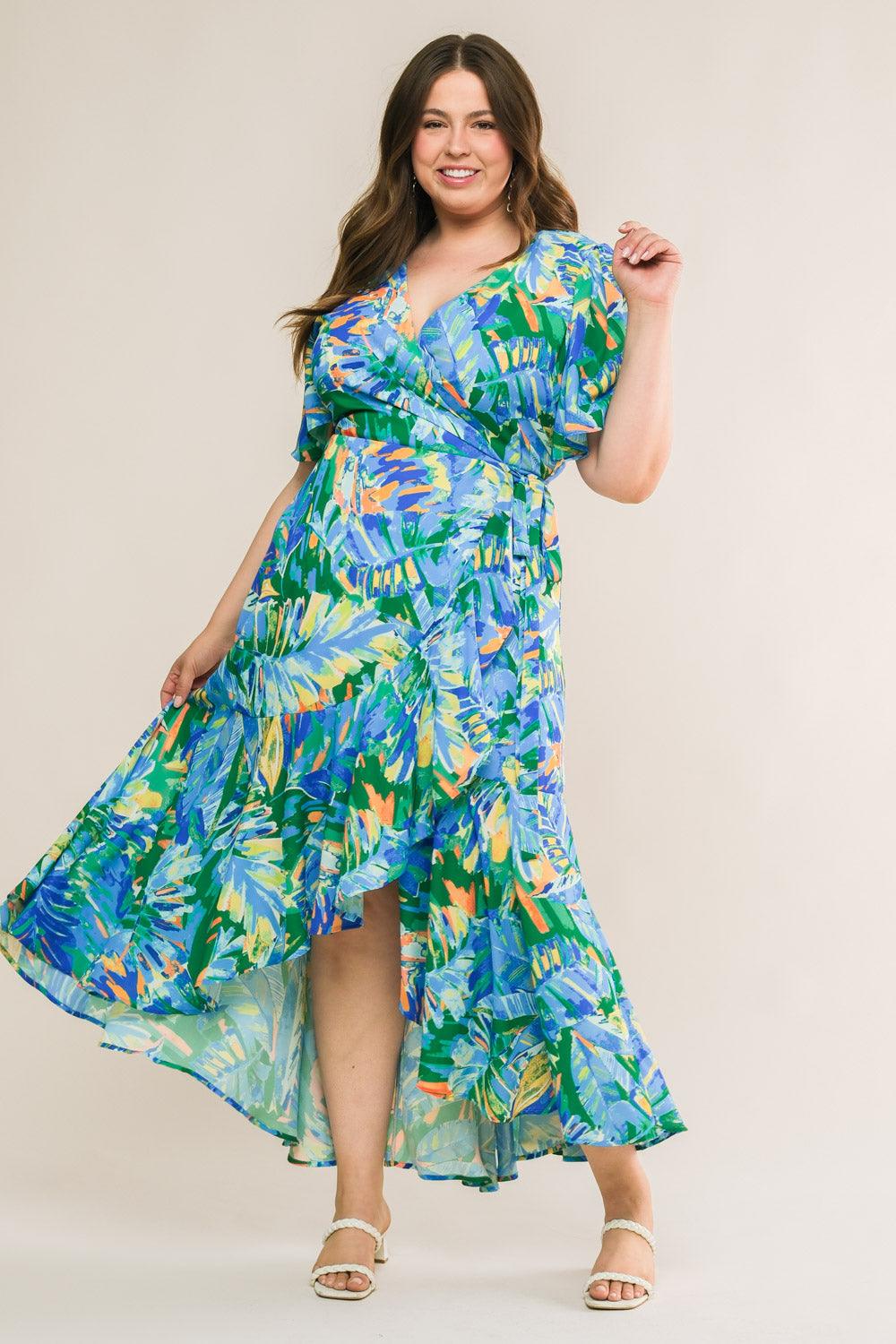 Plus-size model twirling in vibrant woven hi-lo dress