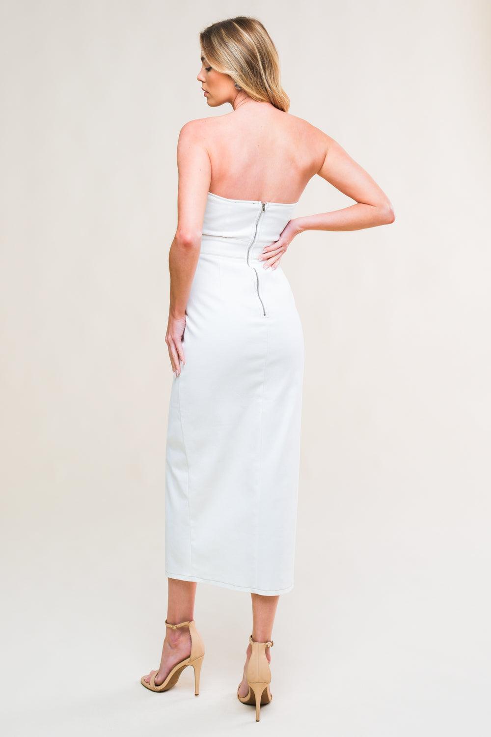 White woven twill midi dress, back view