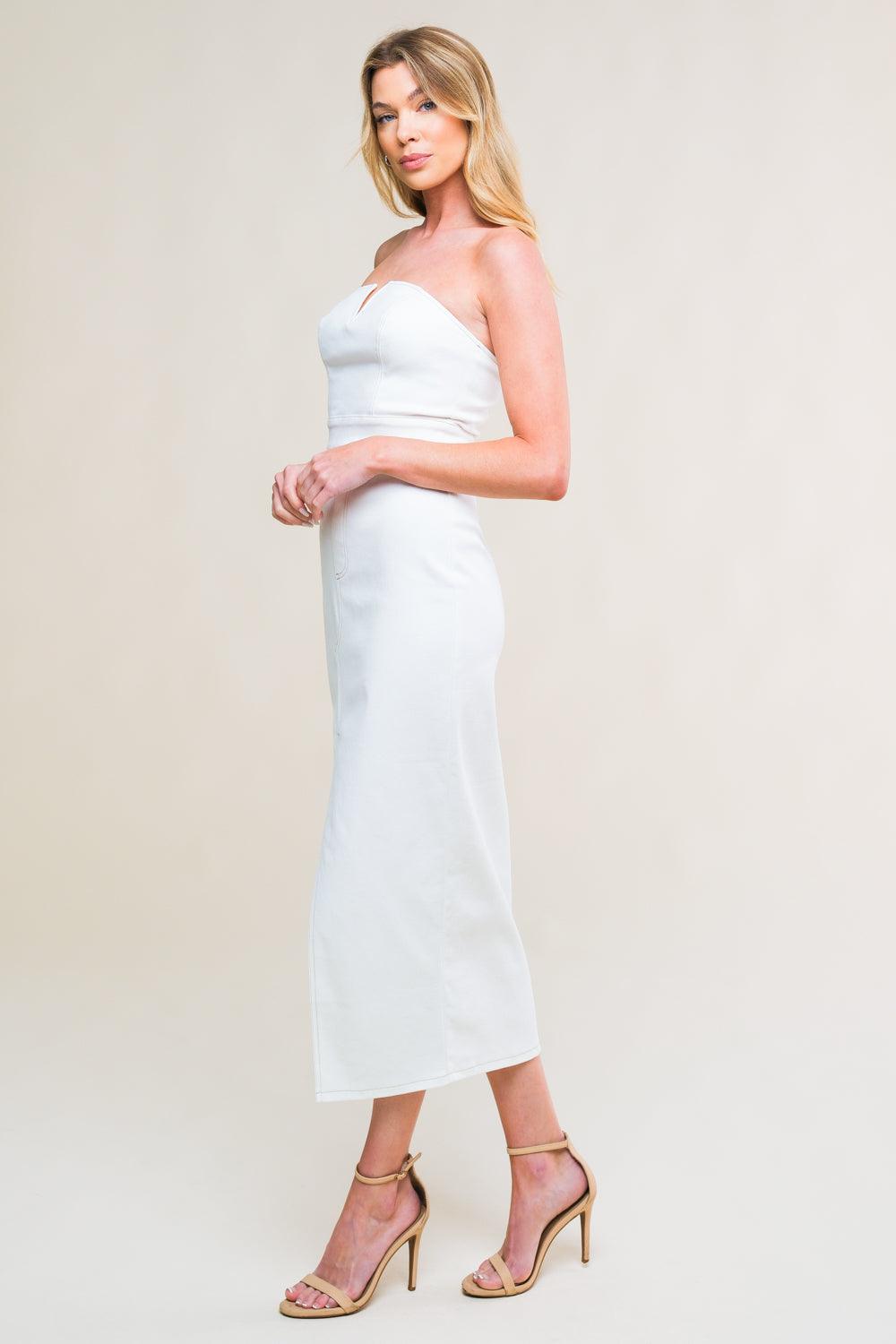 Side view of white woven twill midi dress