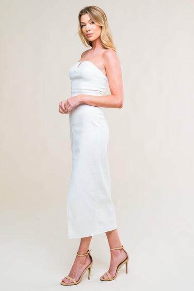 Side view of white woven twill midi dress