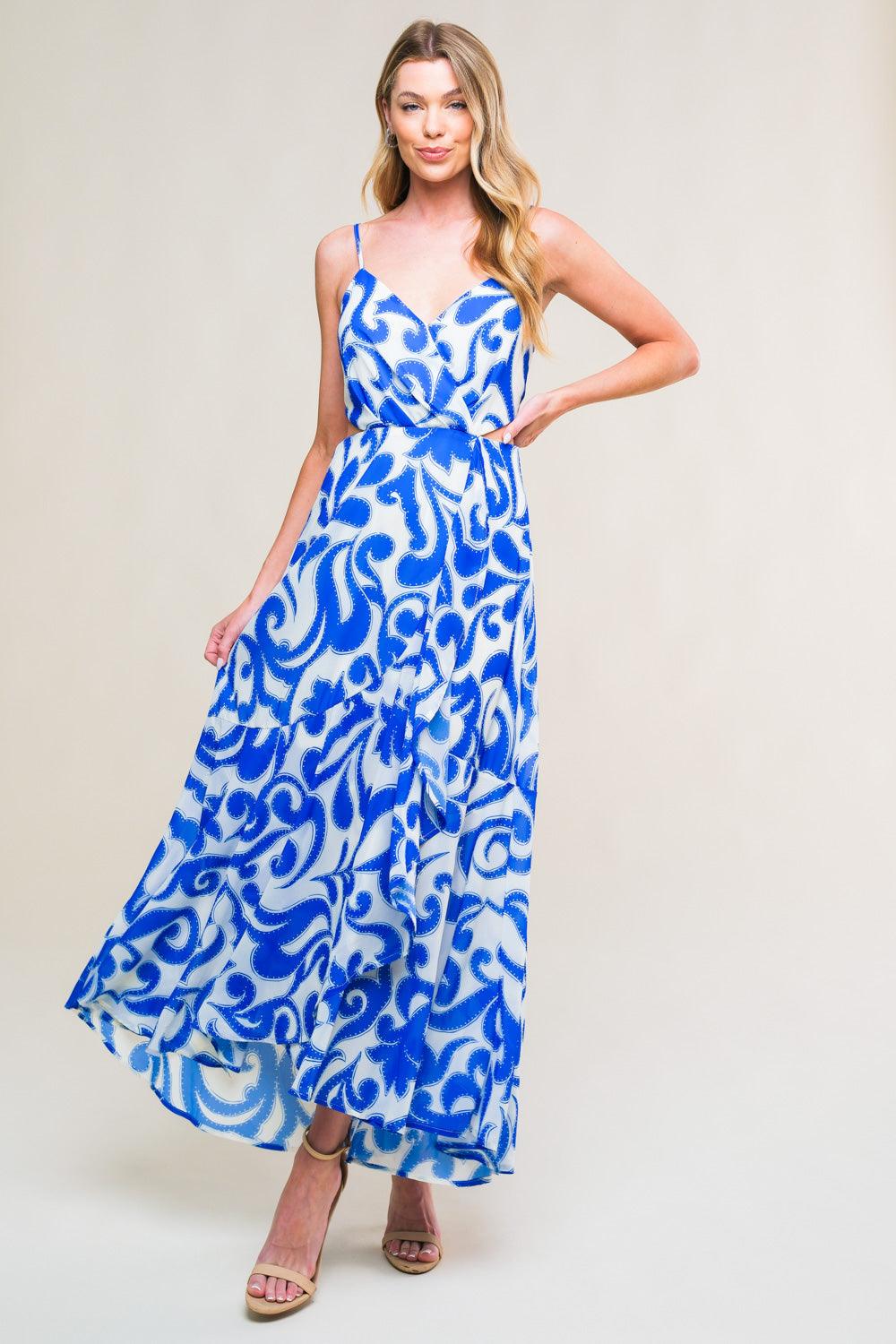 Ivory blue woven midi dress with abstract pattern, front view