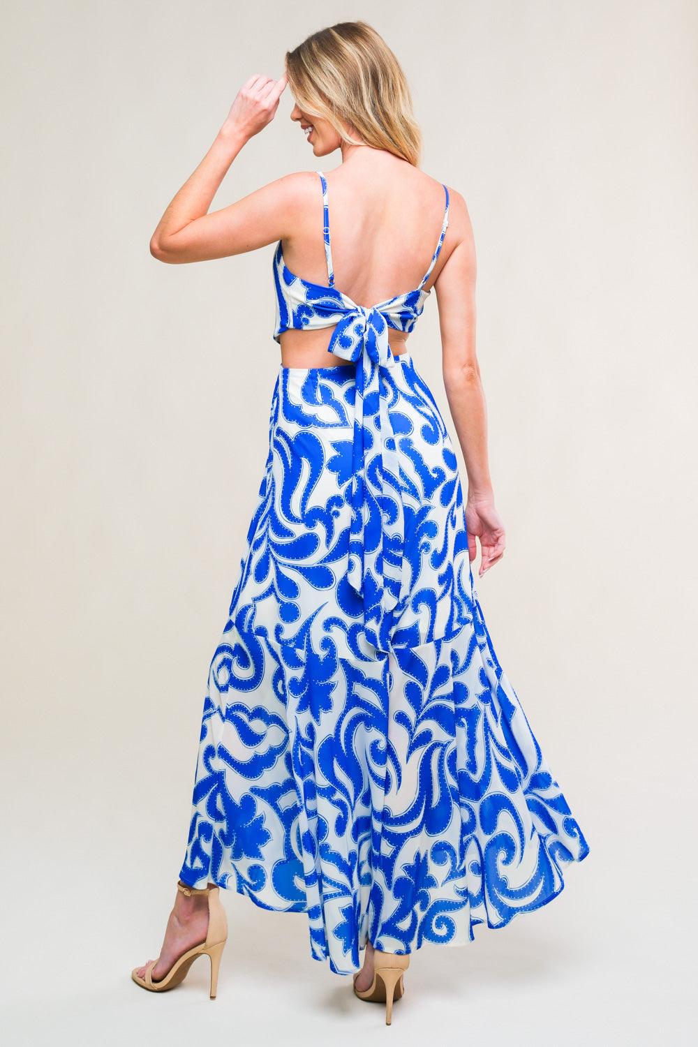 Ivory blue woven midi dress with abstract pattern, back view