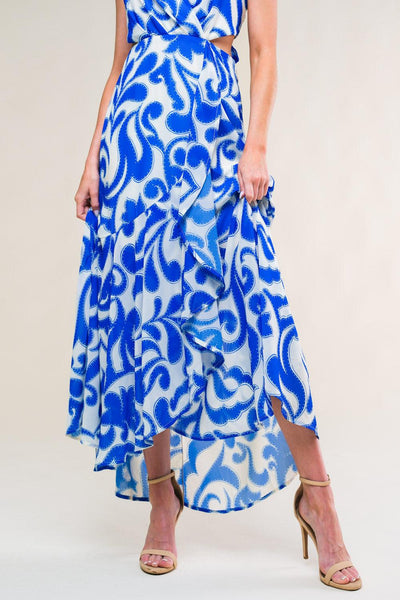 Ivory blue woven midi dress with abstract pattern, skirt detail