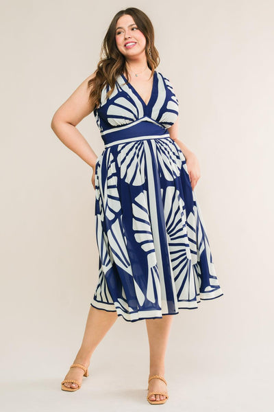 Plus-size navy woven midi dress with white patterns