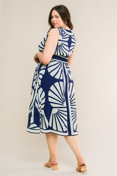 Back view of plus-size navy woven midi dress