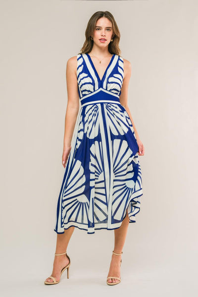 Navy woven midi dress with bold white patterns