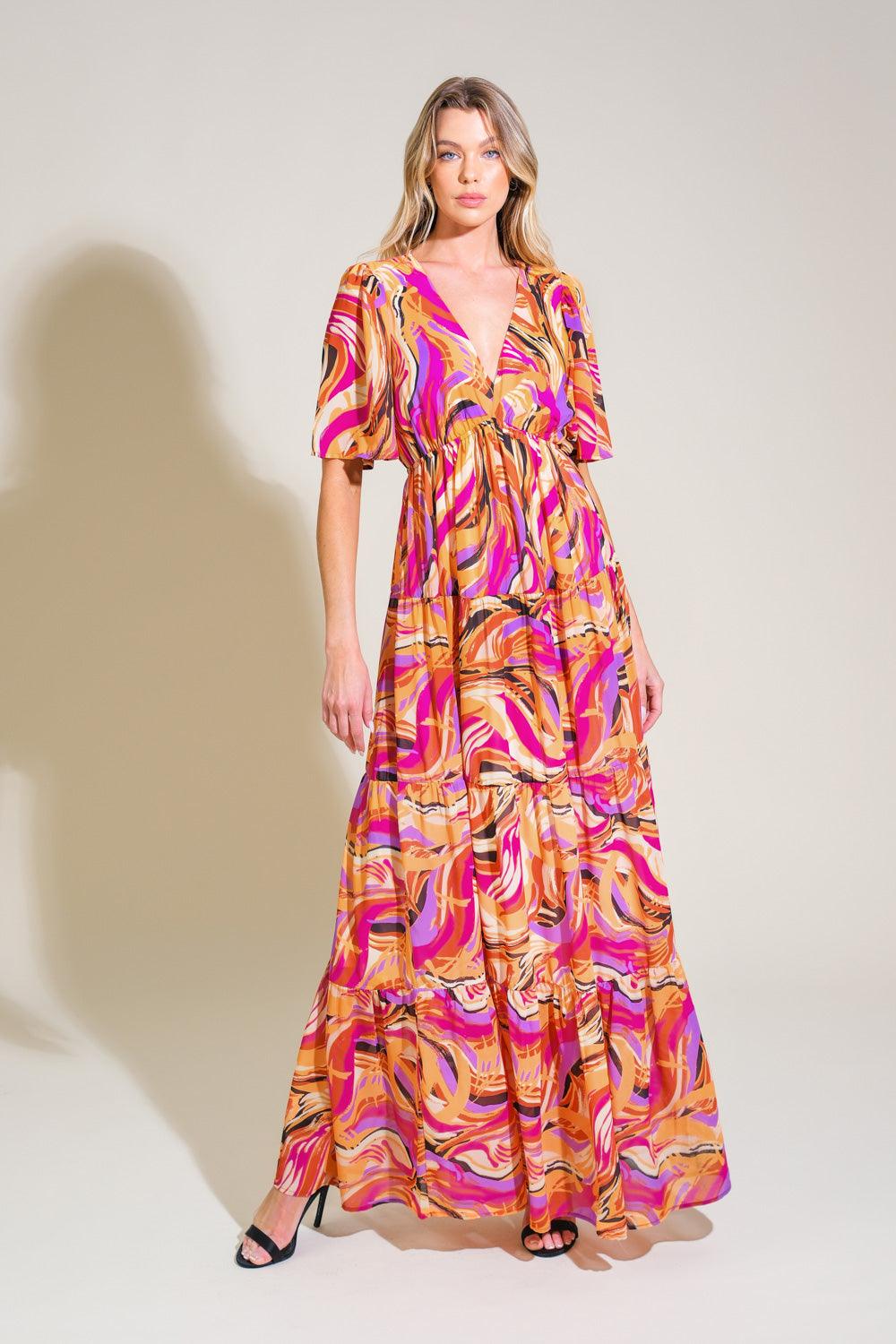 Refreshing Vibe Woven Maxi Dress in mustard and magenta, front view.