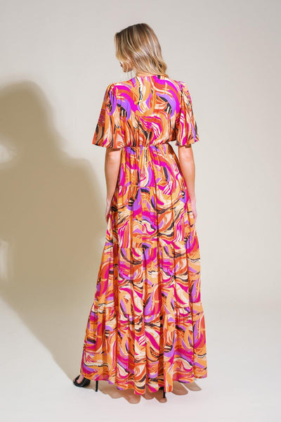 Refreshing Vibe Woven Maxi Dress in mustard and magenta, back view.